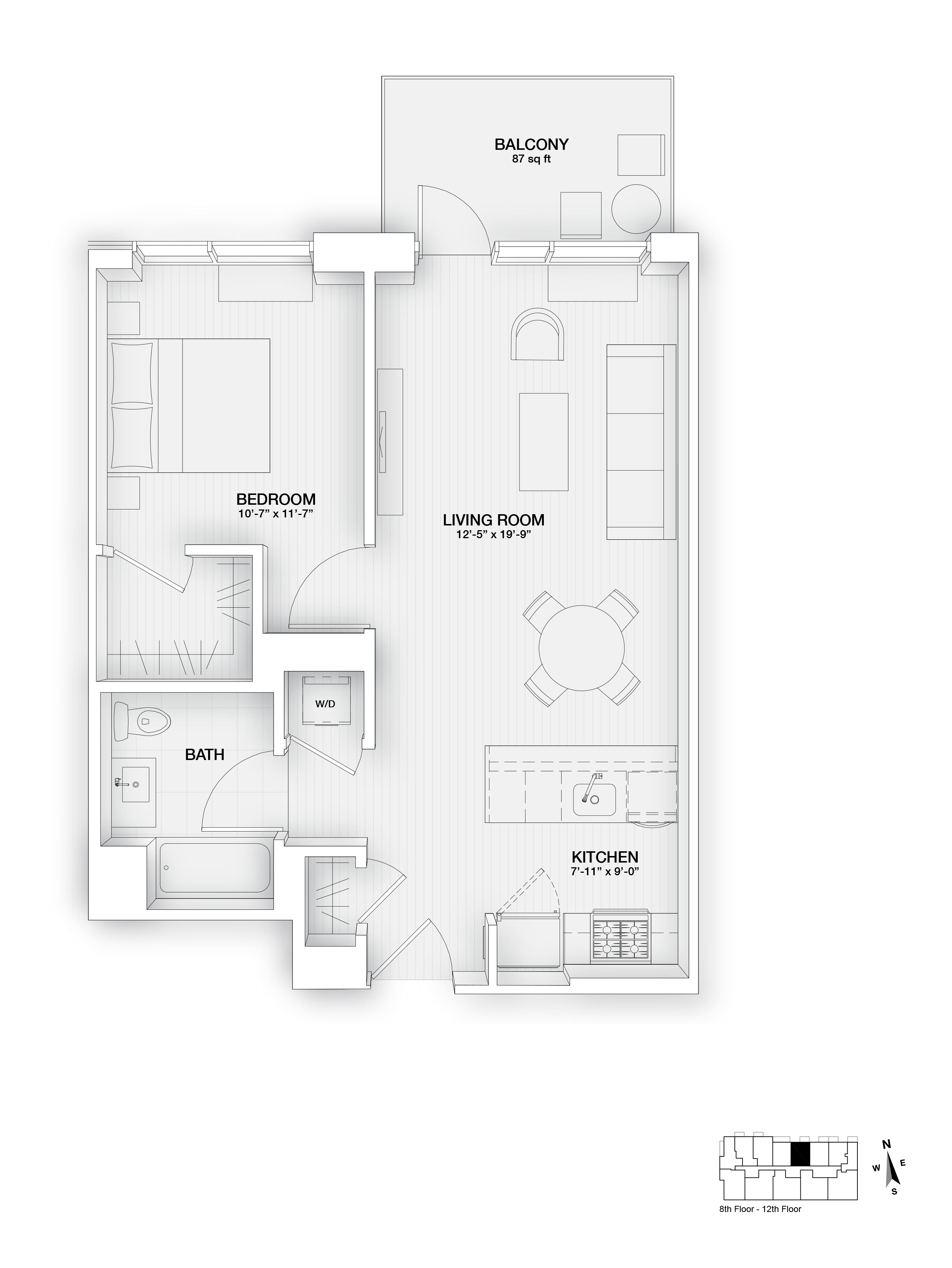 Floor plan for 1 bed, 1 bath, 688 sqft